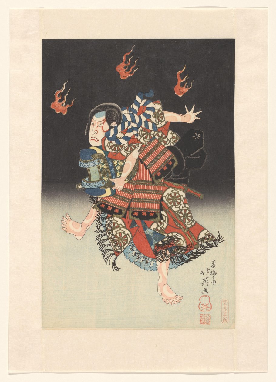 Nakamura Shikan II mint de vos (kitsune) Genkurô a „Hanayagura hitome senbon” hangszínben, Naka Színház alkotó: Shunbaisai Hokuei