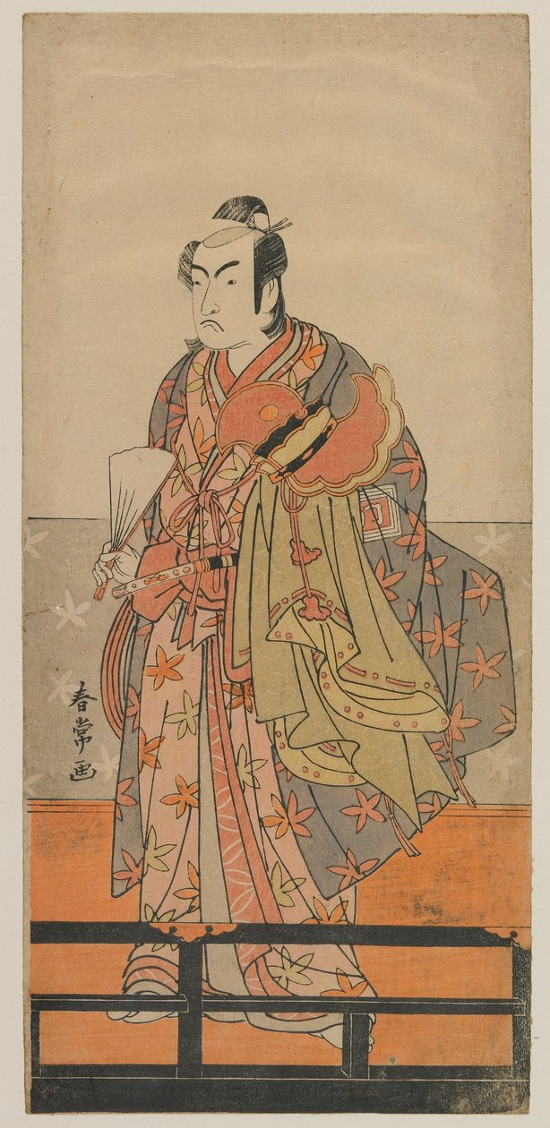 Kabuki színész, Ichikawa Monnosuke II. Gagaku táncos sisakot és köntöst tart a kezében, Edo-korszak, 1780-as évek (színes fanyomat) alkotó: Shunjo