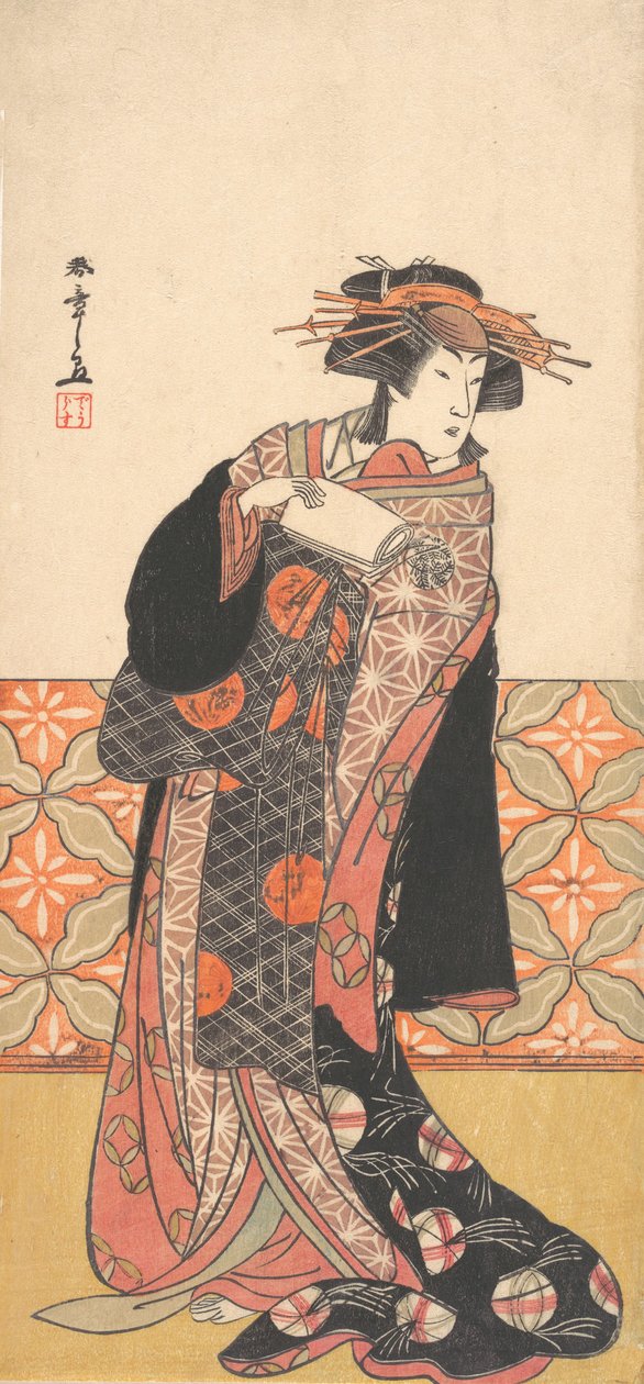 Nakamura Riko, mint gazdagon öltözött udvarhölgy, egy szobában állva, kb. 1778. alkotó: Shunsho