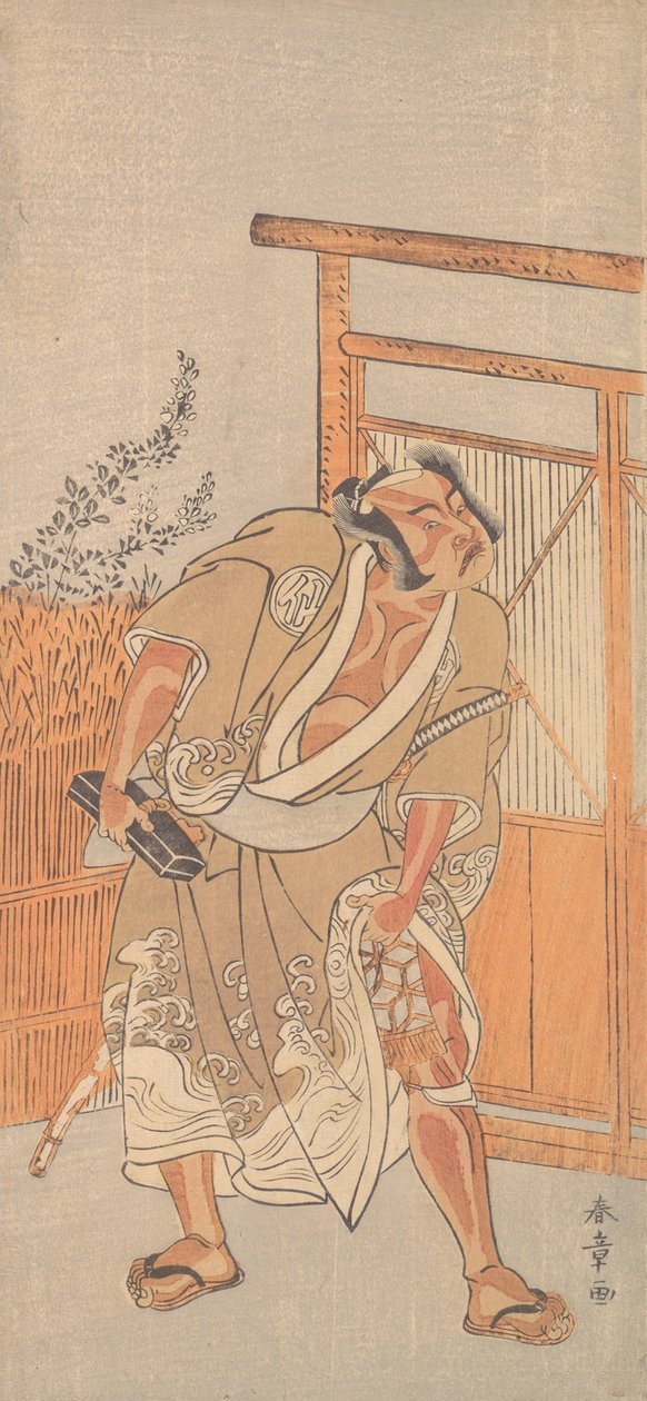 A színész 2. Nakamura Sukegoro, mint egy fekete lakkozott levélszekrényt viselő férfi, kb. 1774. alkotó: Shunsho