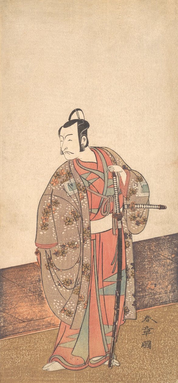 A színész Ichikawa Danjuro V egy házban és egy engawa előtt áll, kb. 1772. alkotó: Shunsho