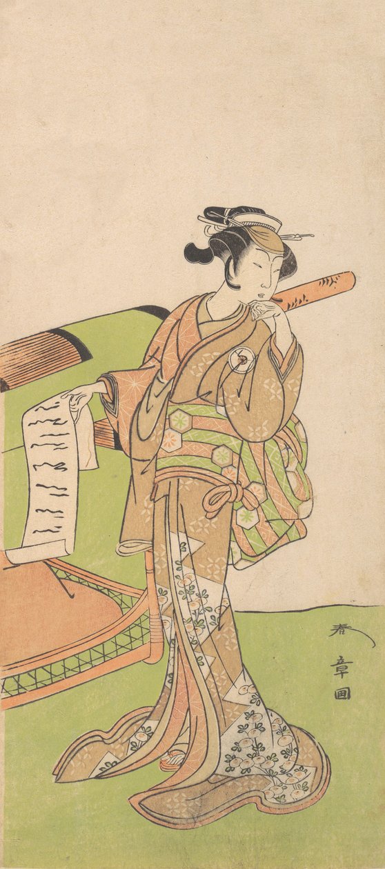 A színész Iwai Hanshiro IV női szerepben, egy alom mellett állva, 1726-1792. alkotó: Shunsho