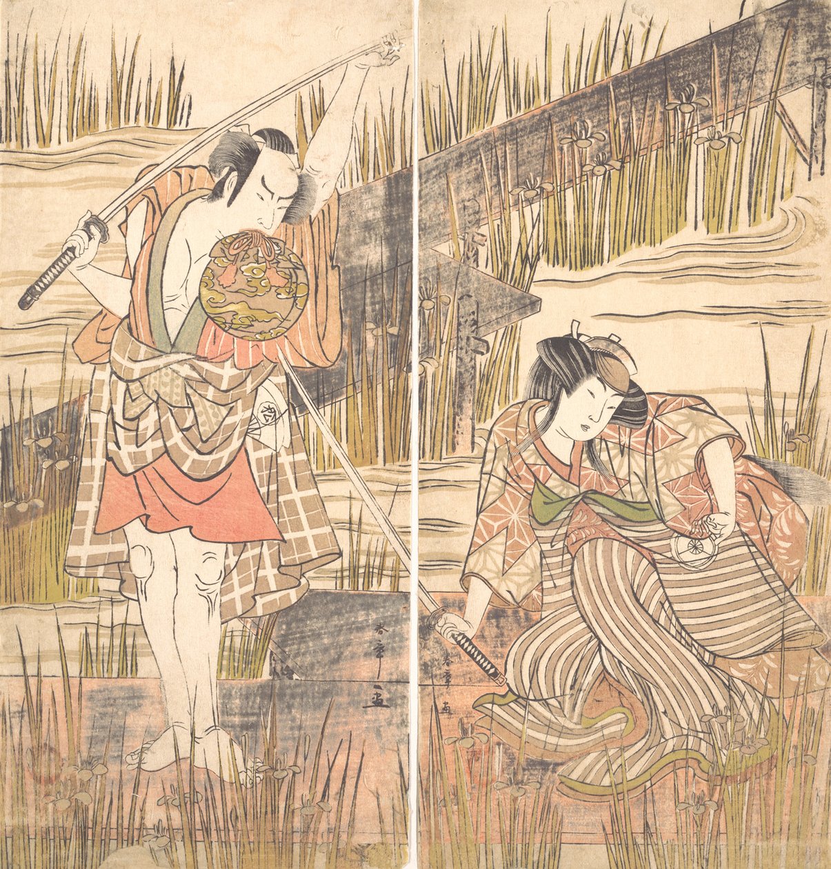 A színész Onoye Matsusuke két kézzel a feje fölött tartott karddal, kb. 1778. alkotó: Shunsho