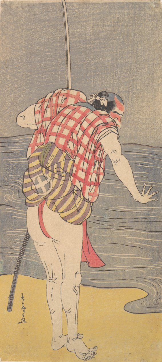 A színész Otani Hiroemon III, mint az ember, aki kivont karddal készen áll a tengerbe gázolni, kb. 1775. alkotó: Shunsho