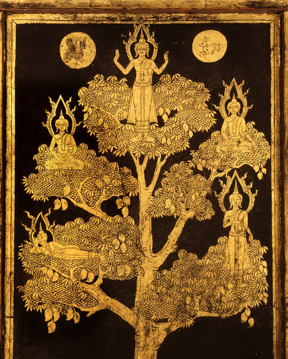 Kéziratos szekrény hátsó panelje buddhista jelenetekkel, valószínűleg késő Ayutthaya korszakból (lakkozott és aranyozott fa) alkotó: Siamese School
