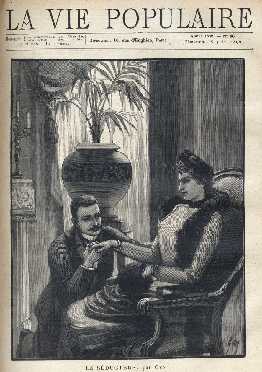 Egy térden álló férfi egy elegáns nő kezét fogja, egy polgári nappaliban ül, kabátot, ujjat és szőrmesálat visel. Illusztráció: Le Seducteur par Gyp (Sibylle Gabrielle Marie Antoinette Riquetti de Mirabeau, Martel d grófnője alkotó: Sibylle Gabrielle de Riquetti de Mirabeau