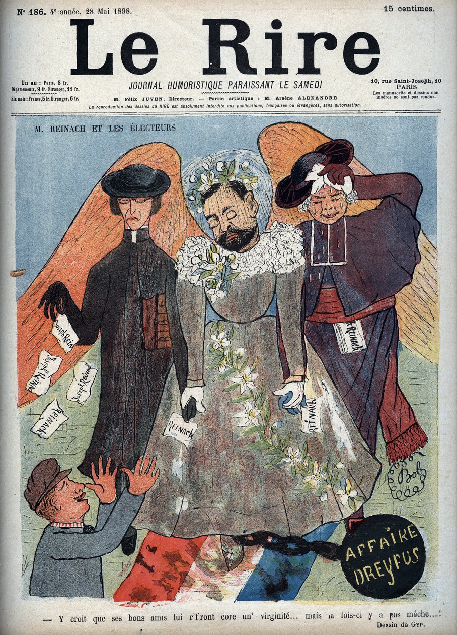 Dreyfus-ügy - M. Reinach és a választók - A „Le Lire” szatirikus magazin címlapja, amely Joseph Reinach (1856-1921) francia írót és politikust képviseli, aki megvédte Alfred Dreyfust (1859-1935) a Dreyfus-ügyben - rajzfilm illusztrációja: Gyp (Sibyl alkotó: Sibylle Gabrielle de Riquetti de Mirabeau