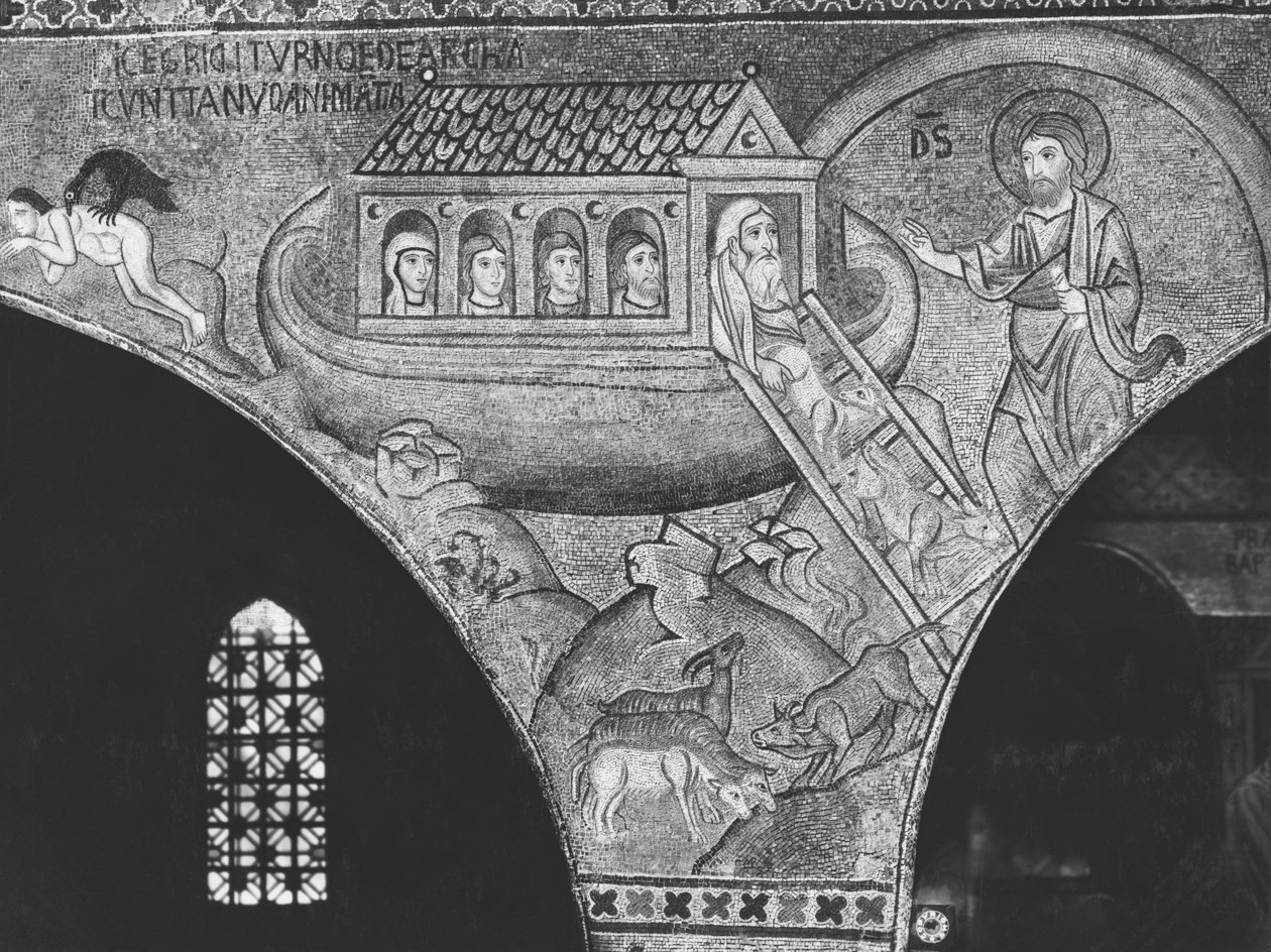 Noé vezeti az állatokat a bárkához (mozaik) alkotó: Sicilian School