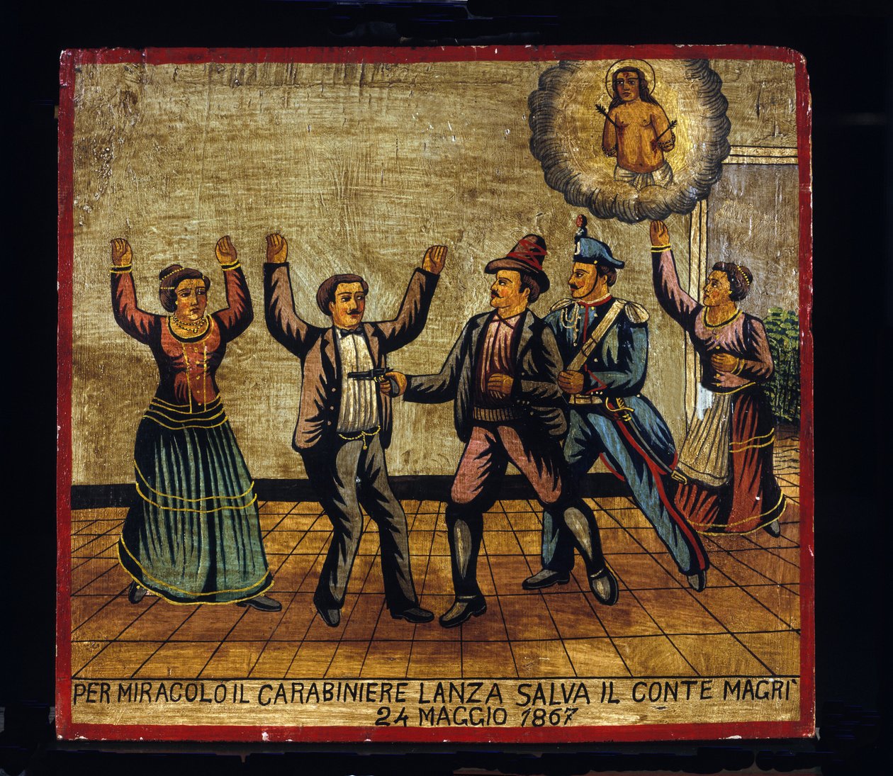 Ex-voto (ex voto) szicíliai: „” Csoda folytán Lanza Carabinier megmenti Magri grófot 1867.05.24-én””. Egy dandár (Brigantaggio) ábrázolása: egy rabló pisztolyával rátámad a Magri házaspárra, miközben a karabiner hátulról lepi meg. . alkotó: Sicilian School