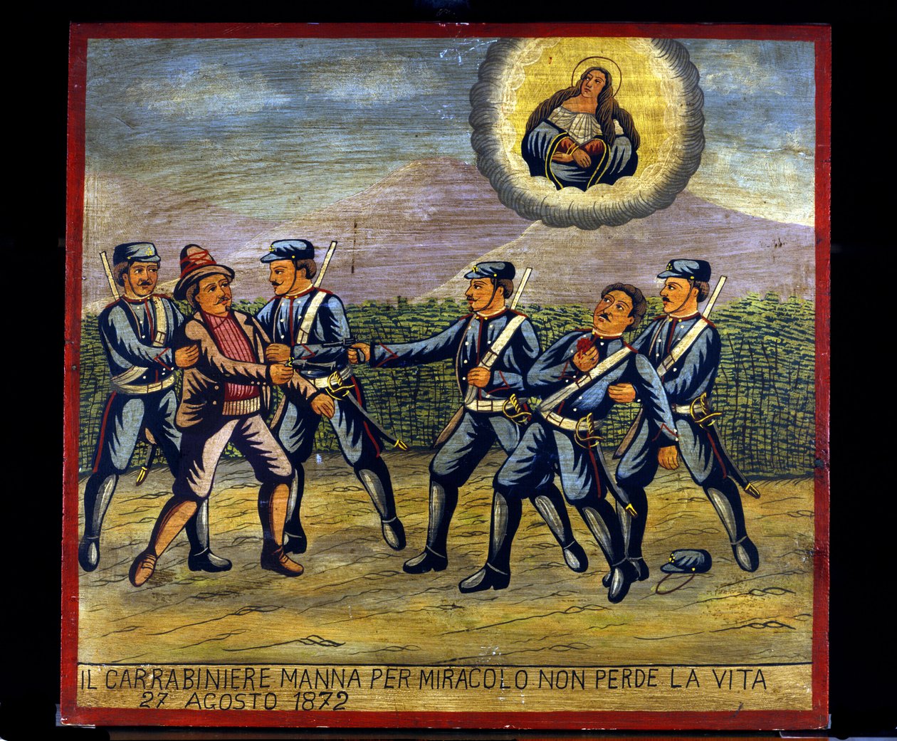 Ex-voto (ex voto) szicíliai: „” Manna karabiner csoda folytán nem veszíti életét 1872.08.27-én””. Egy dandár ábrázolása (Brigantaggio): Egy rabló rálőtt a Carabinier Mannára, miközben a másik karabinieri megállította. . alkotó: Sicilian School
