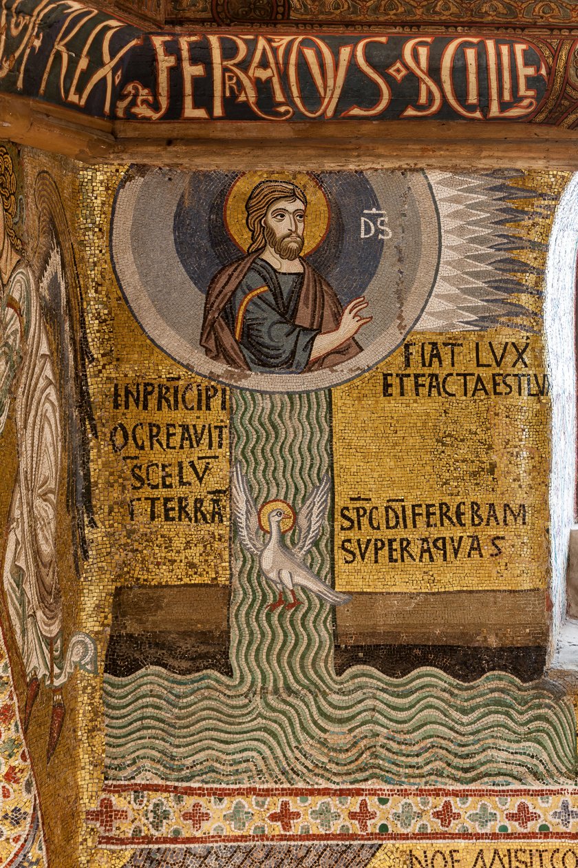 A Nádor-kápolna (bazilika), mozaikciklus az Ószövetségről, a Teremtés ciklusa: "Fiat Lux Isten teremti a fényt és osztja a vizeket", XII. alkotó: Sicilian School