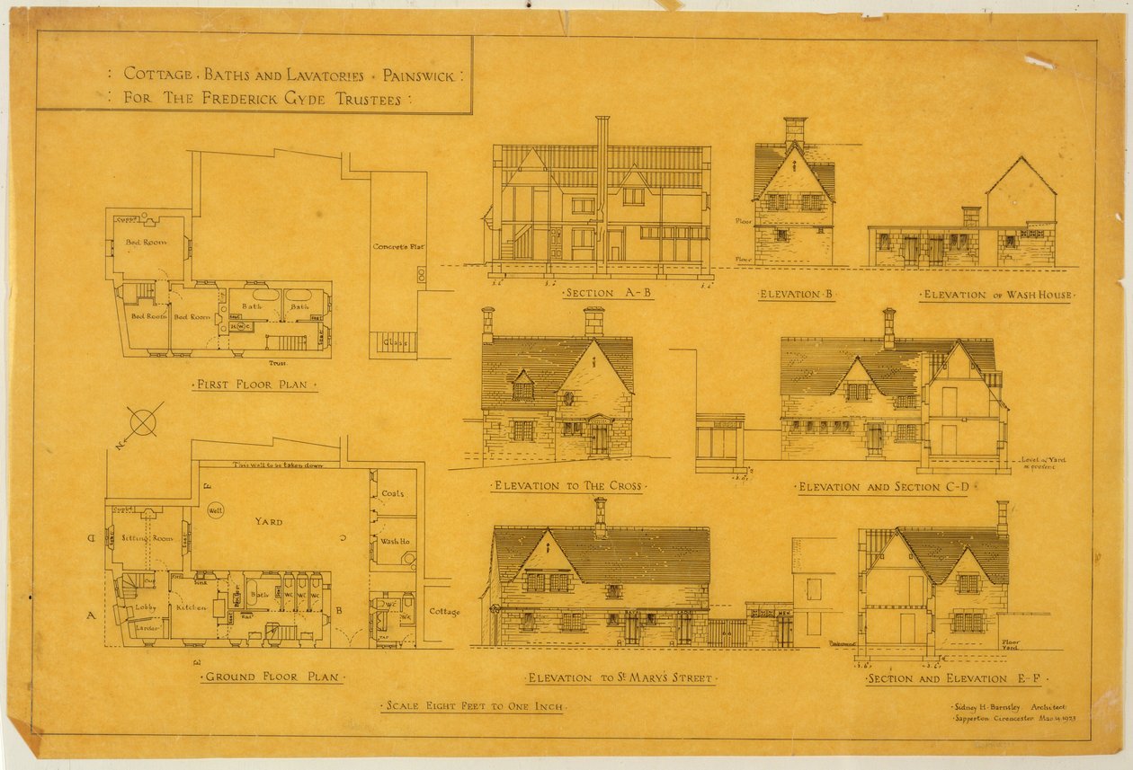 Víkendház, fürdők és mosdók – Painswick, Frederick Gyde megbízottjai számára, 1923. március 14. (tinta papíron) alkotó: Sidney Barnsley