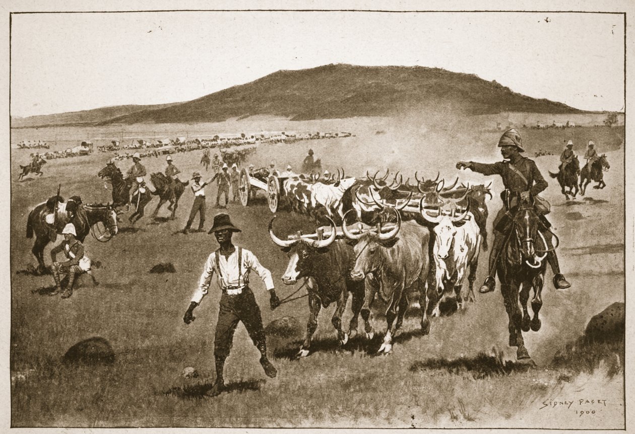 Az 5 hüvelykes ostromágyúk előhozása, illusztráció a „Battles of the Nineteenth Century, 1. évf. VI: Az 1899-1900 közötti búr háború, Archibald Forbes, G.A. Henty és Arthur Griffiths őrnagy (színes litho alkotó: Sidney Paget