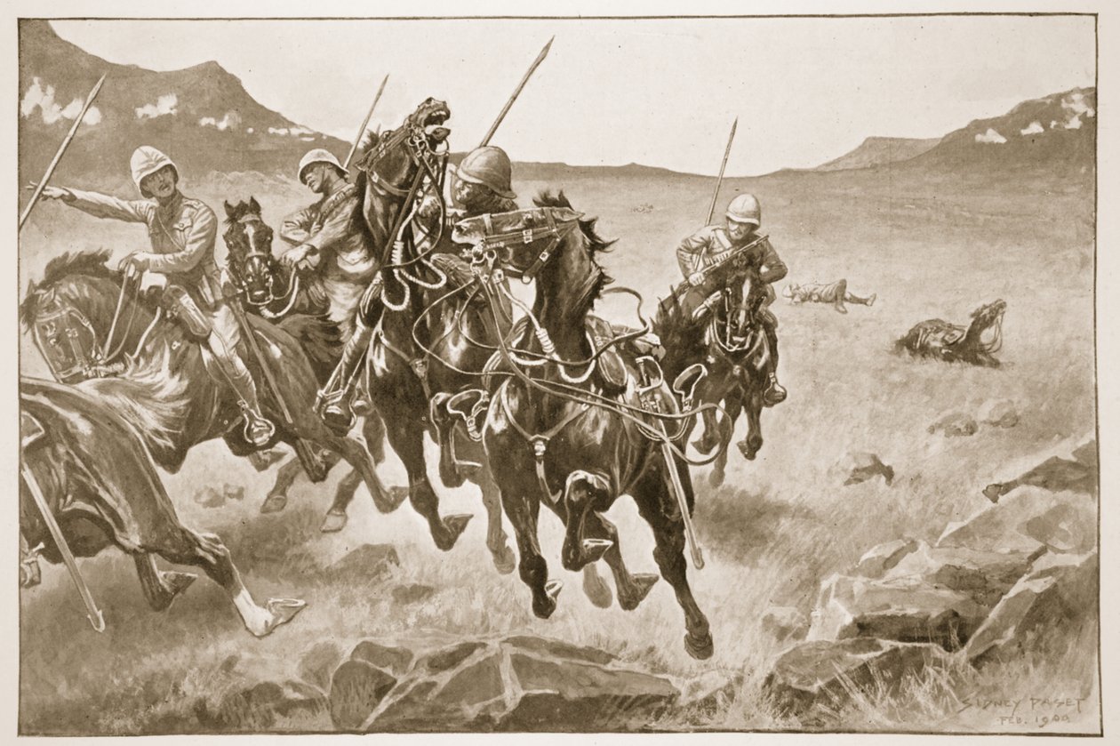 Futás a kesztyűben: egy Lancer Patrol kereszttűz alatt, illusztráció a „Battles of the Nineteenth Century, Vol. VI: Az 1899-1900 közötti búr háború, Archibald Forbes, G.A. Henty és Arthur Griff őrnagy alkotó: Sidney Paget