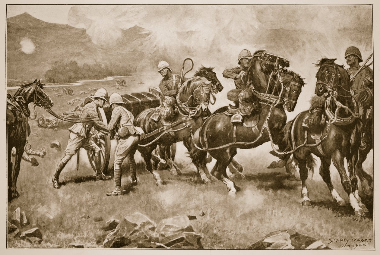 A colensói csata – Az utolsó kétségbeesett kísérlet a 14. és 66. üteg fegyvereinek megmentésére, 1900 alkotó: Sidney Paget
