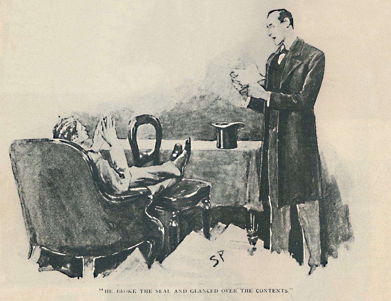 Feltörte a pecsétet, és átnézett a tartalomra, 1892 alkotó: Sidney Paget
