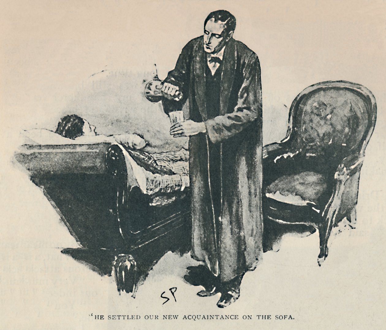 Új ismeretségünket letelepítette a kanapéra, 1892-ben alkotó: Sidney Paget
