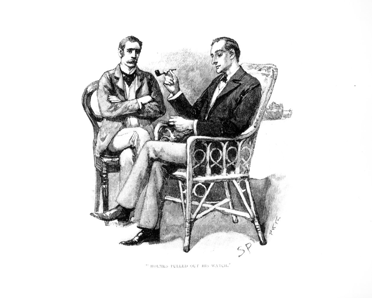 „Holmes előhúzta karóráját”, illusztráció Arthur Conan Doyle (1859-1930) „A görög tolmács” című művéből, a „Strand Magazine”-ban, 1893. szeptember alkotó: Sidney Paget