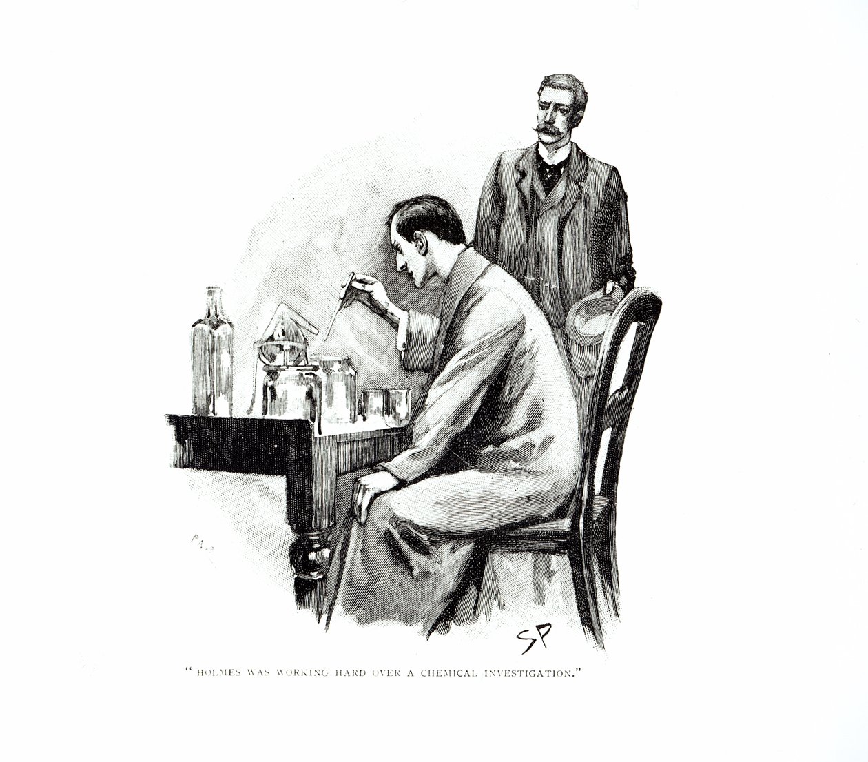 „Holmes keményen dolgozott egy vegyi vizsgálaton”, illusztrációja a „The Naval Szerződéshez”, Arthur Conan Doyle (1859-1930), megjelent a „Strand Magazine”-ban, 1893 októberében és novemberében. alkotó: Sidney Paget