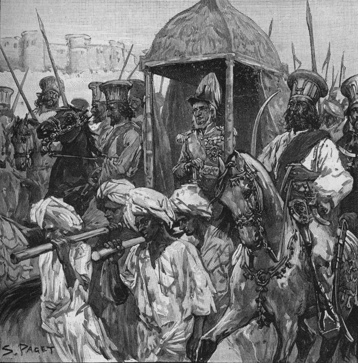 Napier, teljes egyenruhában, Hyderabadba vitték egy csodálatos palankinban, 1902 alkotó: Sidney Paget