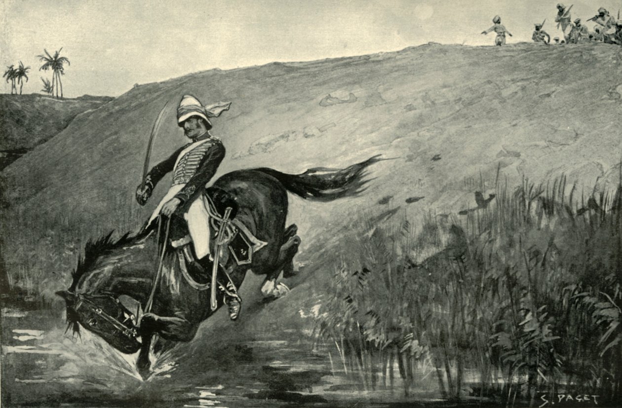 Roberts hadnagy szűk menekülése a bennszülöttek üldözése közben Lucknow közelében, 1901. alkotó: Sidney Paget