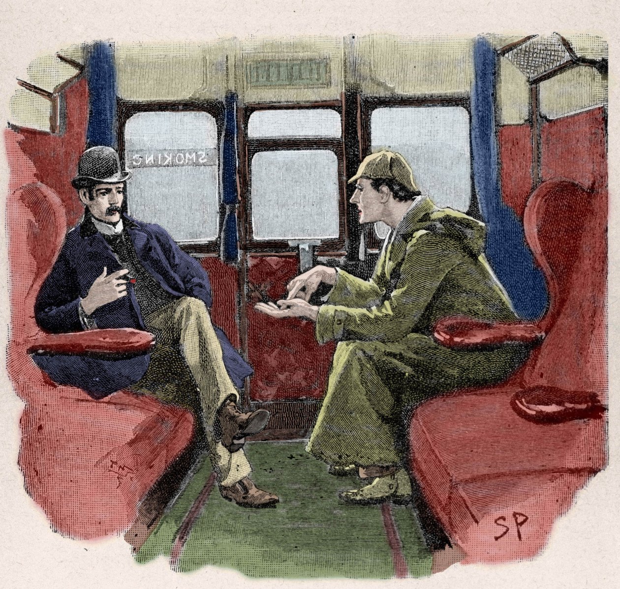 Silver Blaze: Sydney Paget illusztrációja egy Sherlock Holmes kalandról. A híres nyomozót Dr. Watsonnal egy vonaton ábrázolják. Megjelent a „The Strand Magazine”-ban. Conan Doyle hírei. 1892. alkotó: Sidney Paget