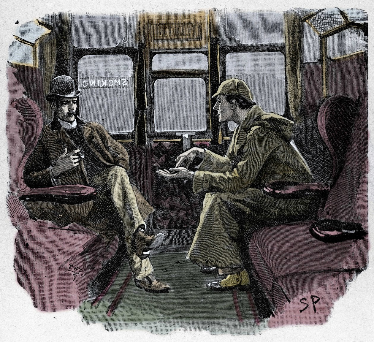 Silver Blaze: Sydney Paget illusztrációja egy Sherlock Holmes kalandról. A híres nyomozót Dr. Watsonnal egy vonaton ábrázolják. Megjelent a „The Strand Magazine”-ban. Conan Doyle hírei. 1892. alkotó: Sidney Paget