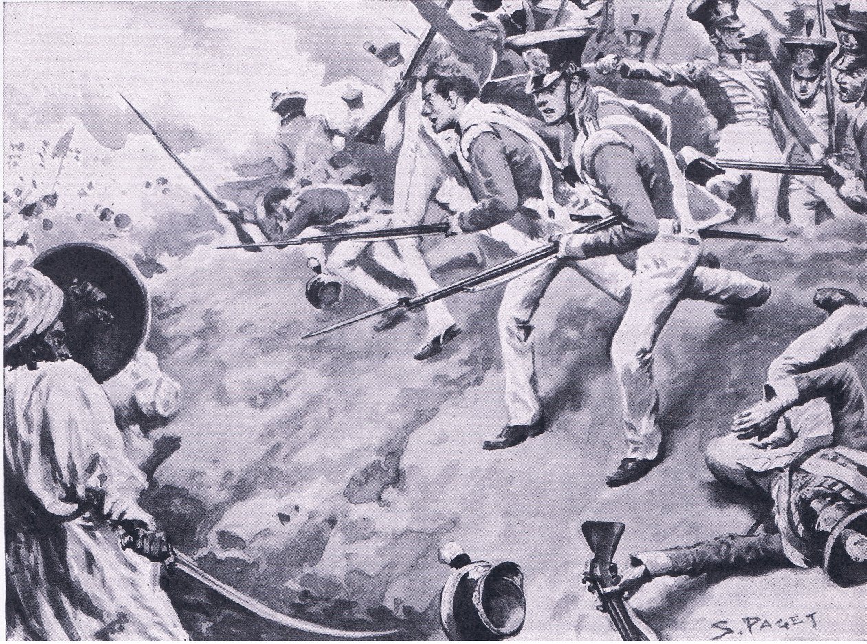A dubbai csata, 1843. március 24., illusztráció a brit szárazföldi és tengeri csatákból, 1915 alkotó: Sidney Paget