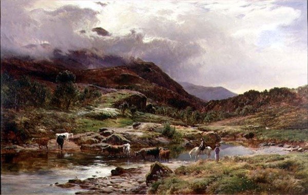 Hegyvidéki folyami jelenet marhákkal az előtérben (olaj) alkotó: Sidney Richard Percy