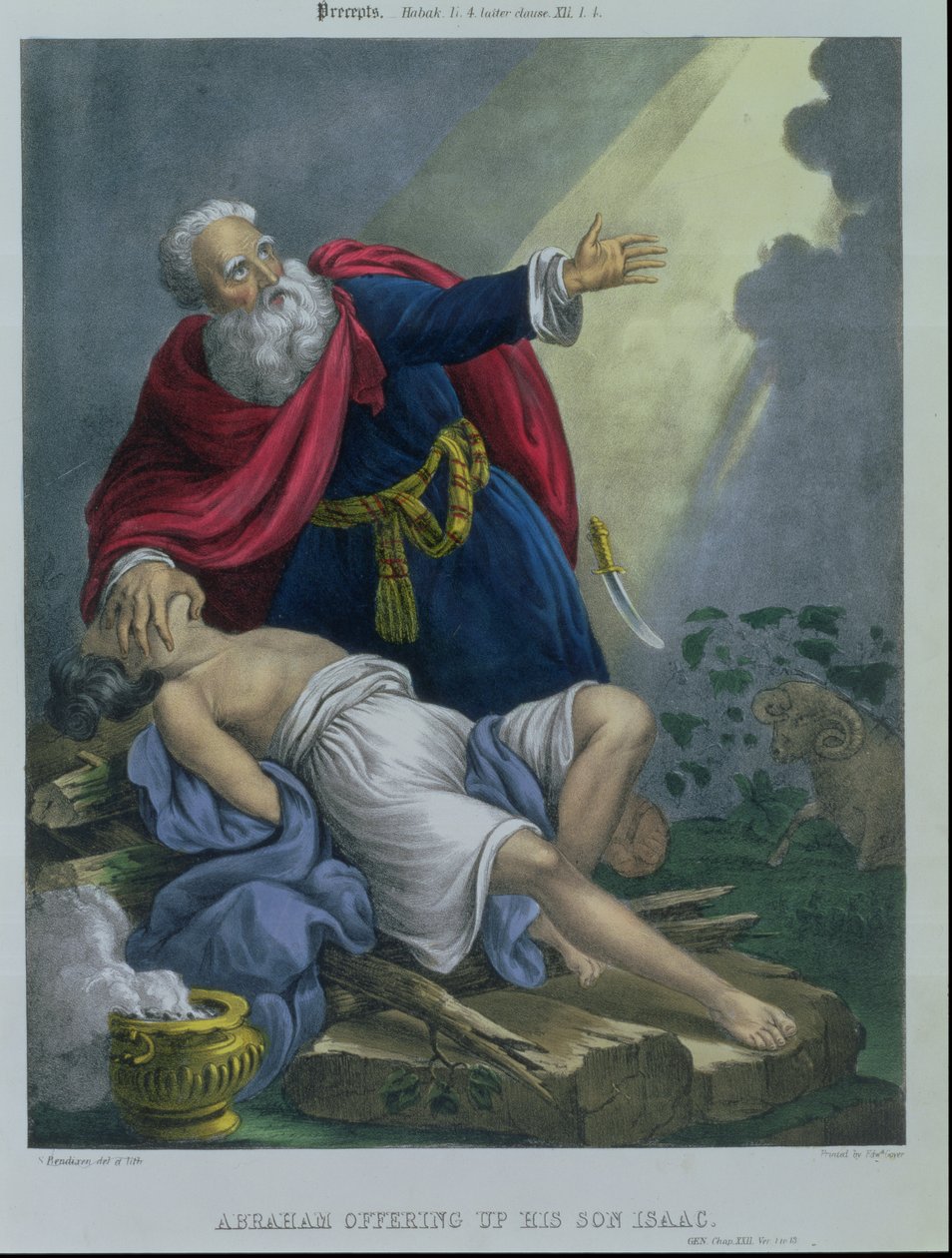 Ábrahám felajánlja fiát, Izsákot, az Edward Gover által nyomtatott Bibliából, 1870-es évek alkotó: Siegfried Detler Bendixen