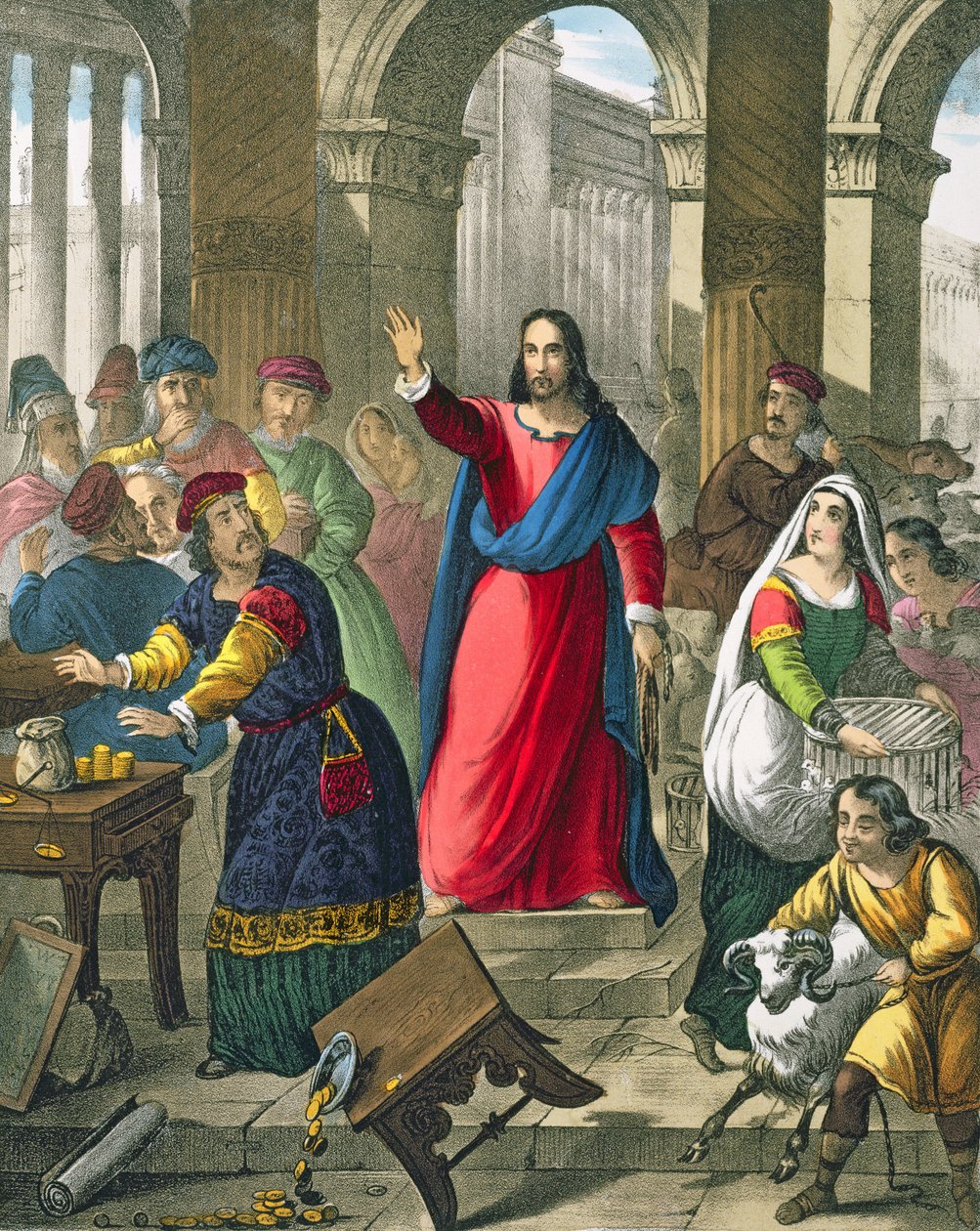 Krisztus megtisztítja a templomot, Edward Gover által nyomtatott bibliából, 1870-es években alkotó: Siegfried Detler Bendixen