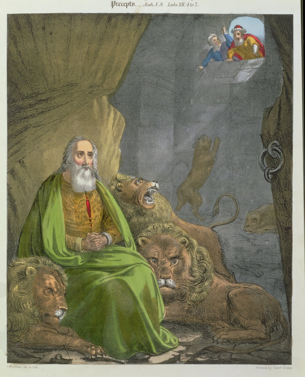 Daniel az oroszlánok barlangjában, Edward Gover által nyomtatott bibliából, 1870-es évek alkotó: Siegfried Detler Bendixen