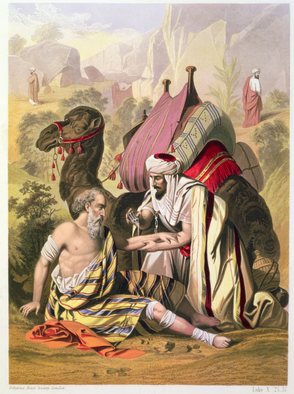 Az irgalmas szamaritánus, Edward Gover által nyomtatott bibliából, 1870-es évek alkotó: Siegfried Detler Bendixen