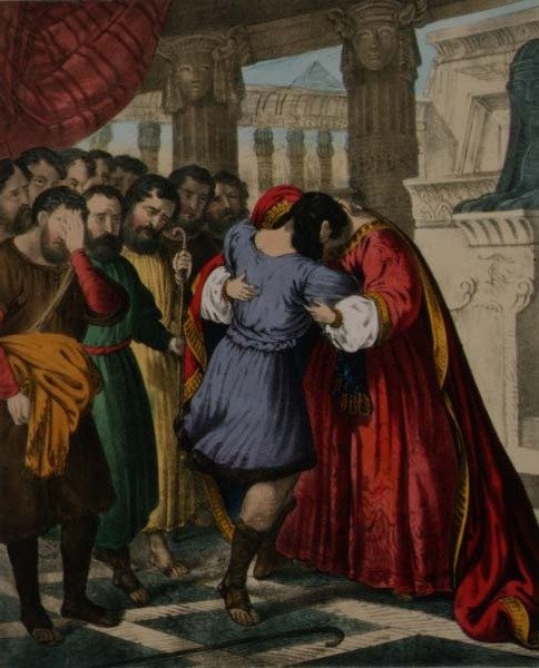 Joseph megbocsátása testvéreinek, Edward Gover által nyomtatott bibliából alkotó: Siegfried Detler Bendixen