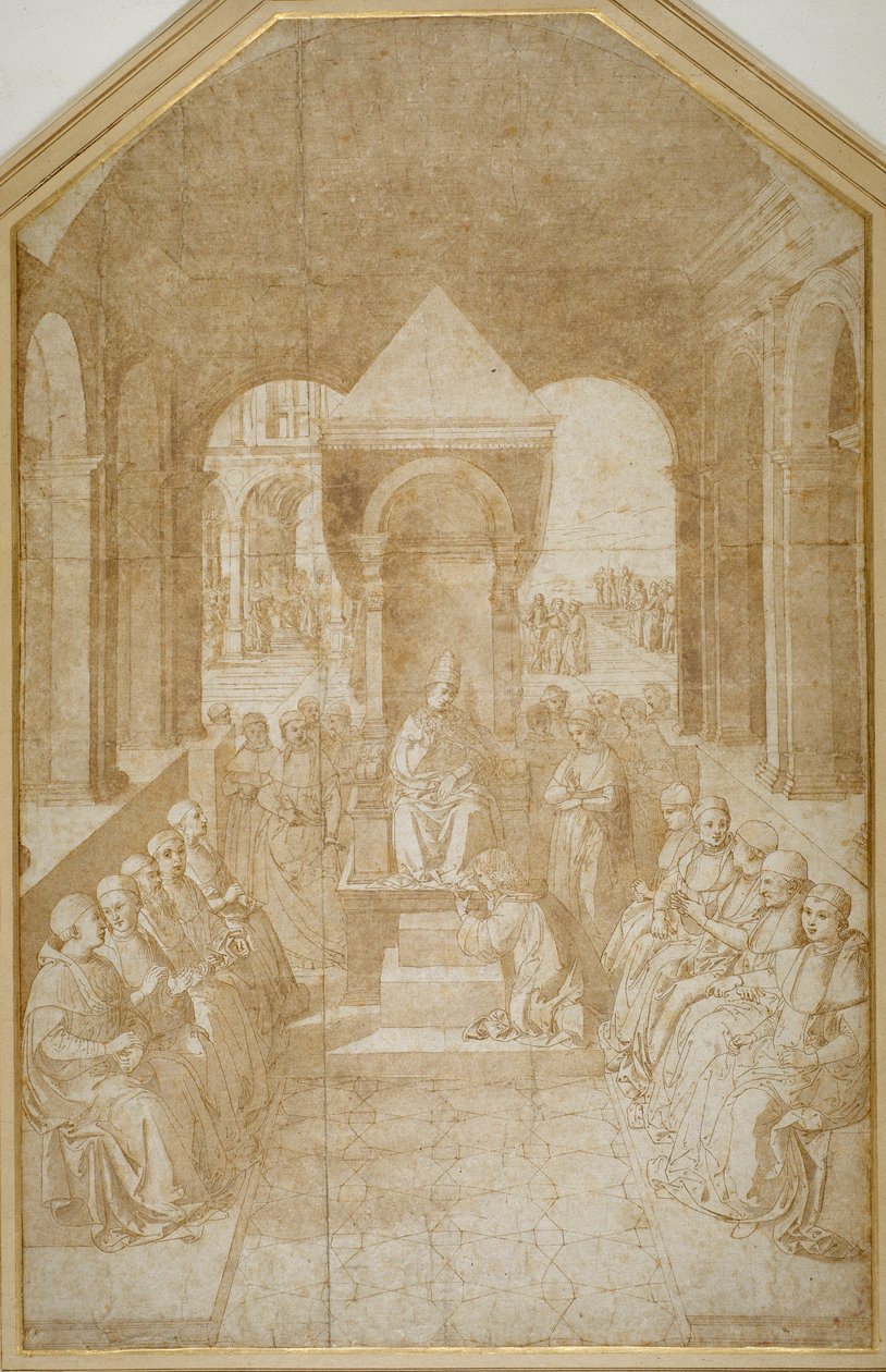 Aeneas Piccolomini megcsókolja Eugenius pápa papucsát Pinturicchio után (toll és barna tinta mosás papíron) alkotó: Sienese School