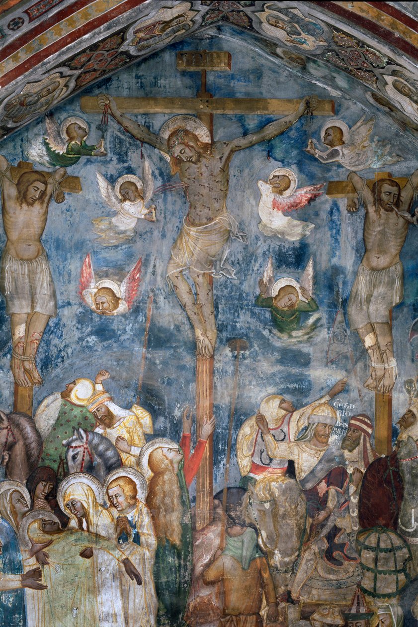 Krisztus „INRI” keresztre feszítése a kereszten. A sienai iskola freskójának részlete alkotó: Sienese School