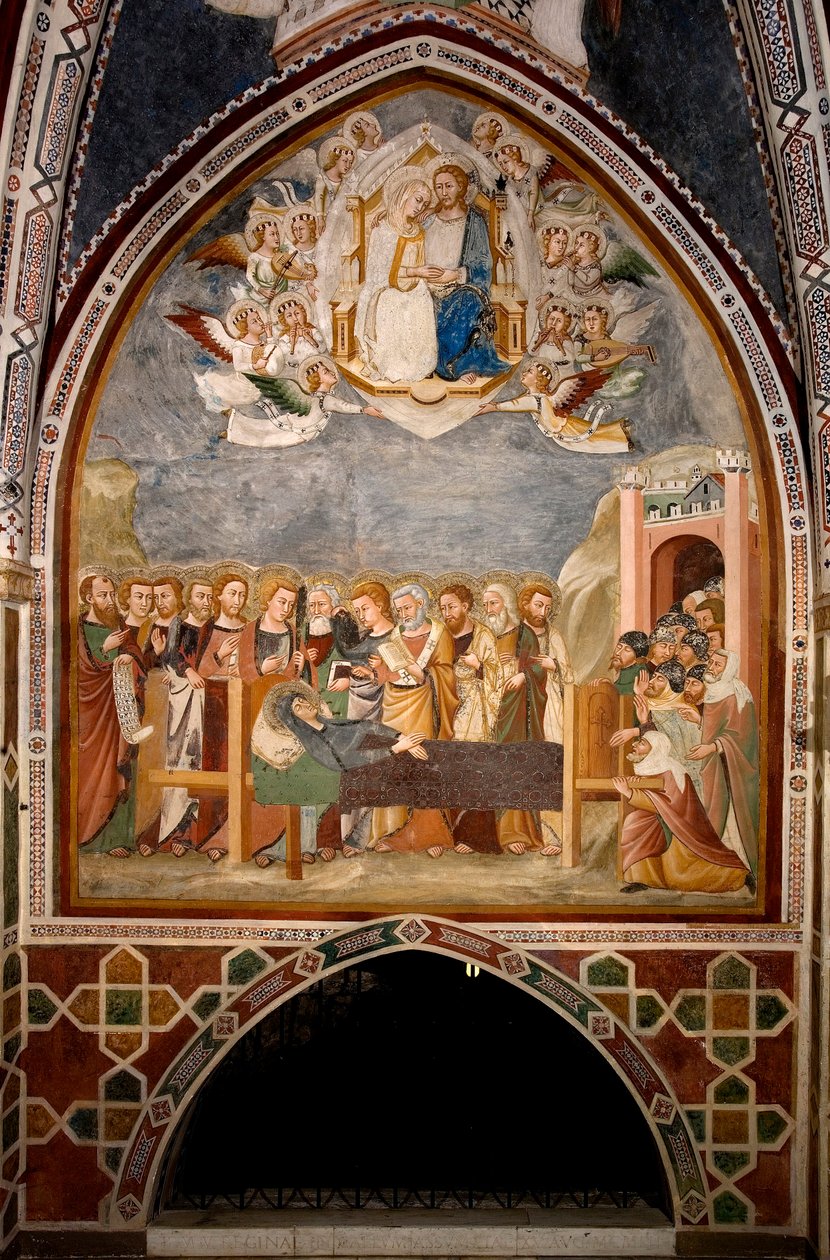 A Szűz élete: „” Elmúlás és a Szűz Mennybemenetele”” A sienai iskola freskója (14. század) Szent Benedetto kolostor (Sacro Speco), Szűzanya kápolna a Subiaco (Róma), Olaszország alkotó: Sienese School
