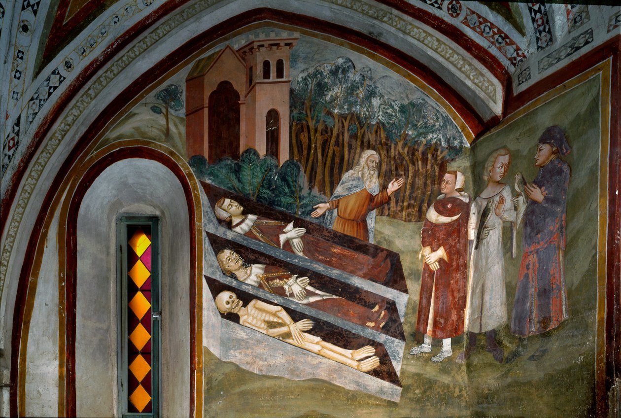 Halottak találkozása élőkkel A sienai iskola freskójának részlete. 14. század. Szent Benoit kolostor (Sacro Speco), lépcsőház, Subiaco (Róma), Olaszország alkotó: Sienese School