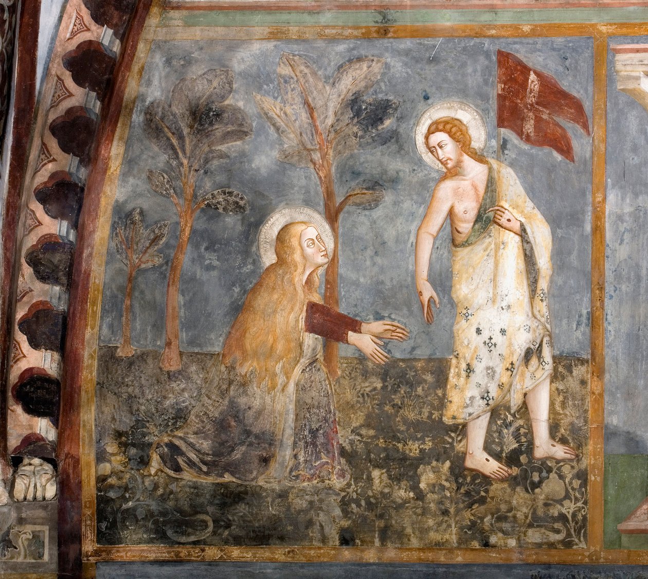 Noli me tangere (Ne nyúlj hozzám). A sienai iskola freskója. 14. század. Felsőbbrendű templom. Szent Benedetto kolostor (Sacro Speco), Subiaco (Róma), Olaszország alkotó: Sienese School