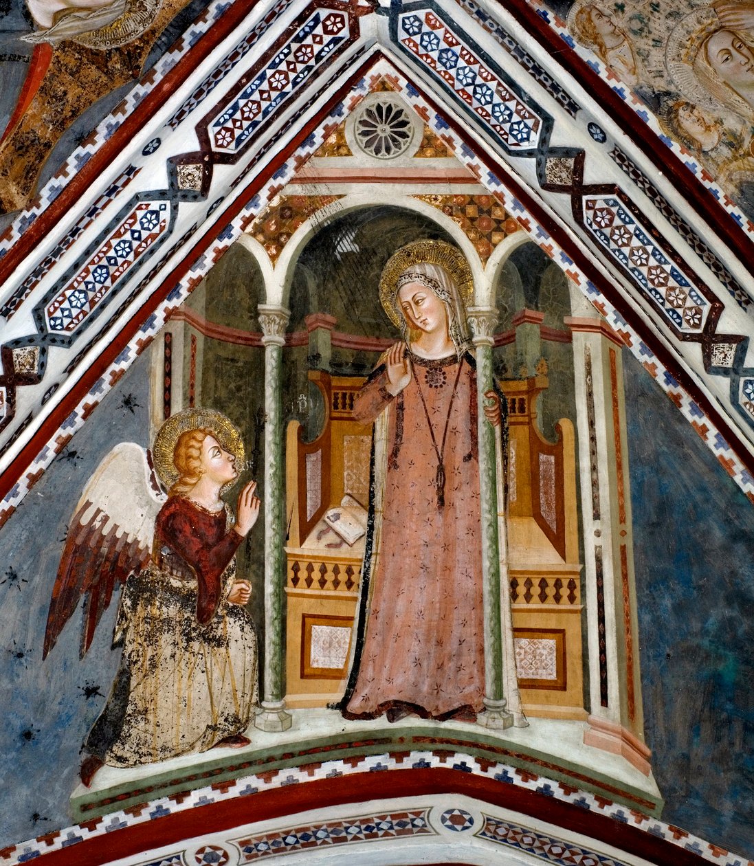 A 14. századi sienai iskola által készített Angyali üdvözlet kápolna freskója - Szent Benedetto kolostor (Sacro Speco), Subiaco (Róma), Olaszország alkotó: Sienese School