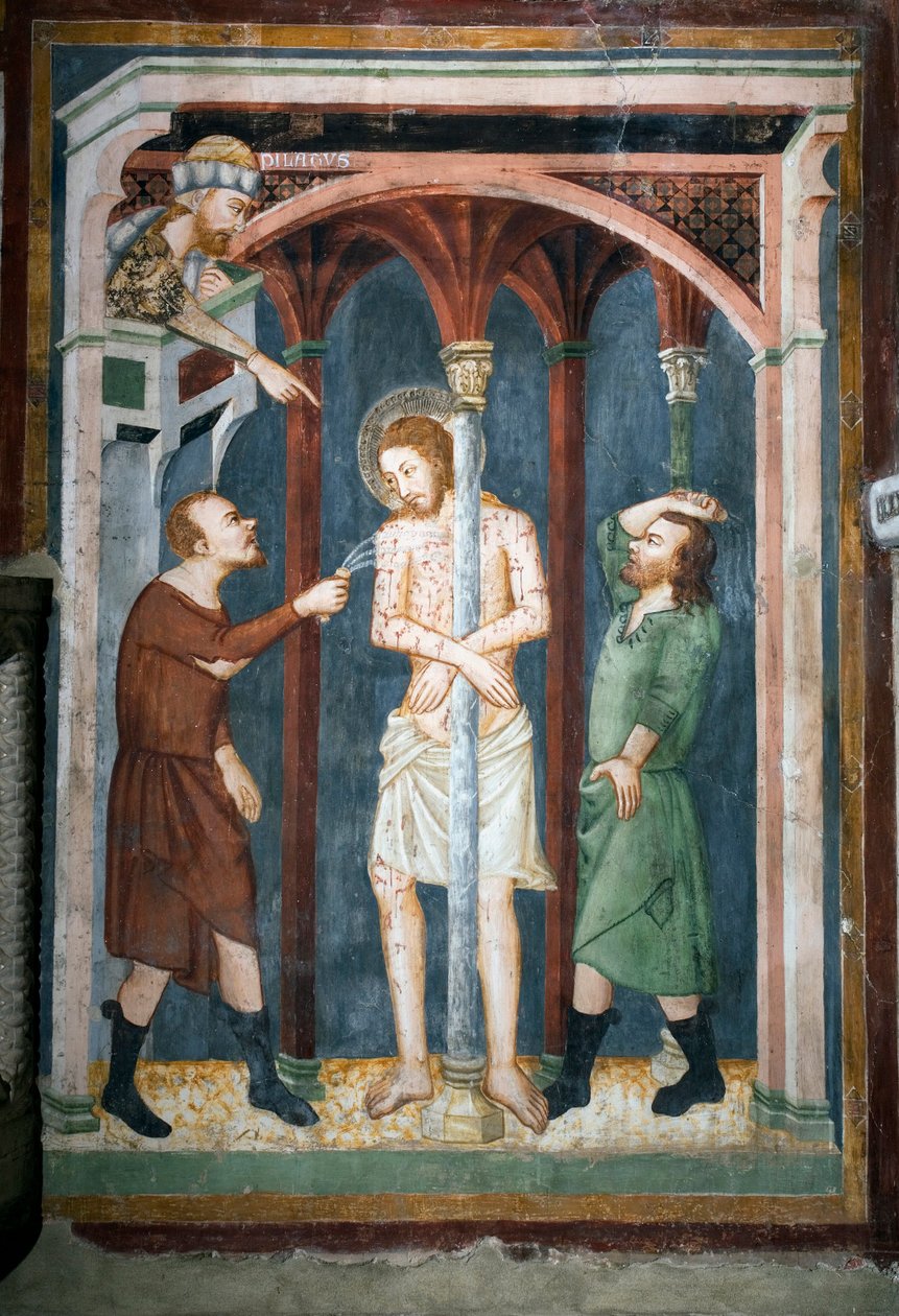 A sienai iskola korbácsoló freskója. 14. század. Felsőbbrendű templom. Szent Benedetto kolostor alkotó: Sienese School