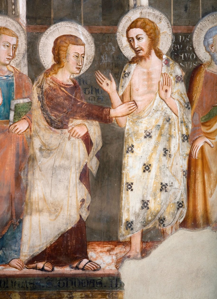 Részlet Tamás apostol hitetlensége. A sienai iskola freskója. 14. század. Felsőbbrendű templom. Szent Benedetto kolostor (Sacro Speco), Subiaco (Róma), Olaszország alkotó: Sienese School