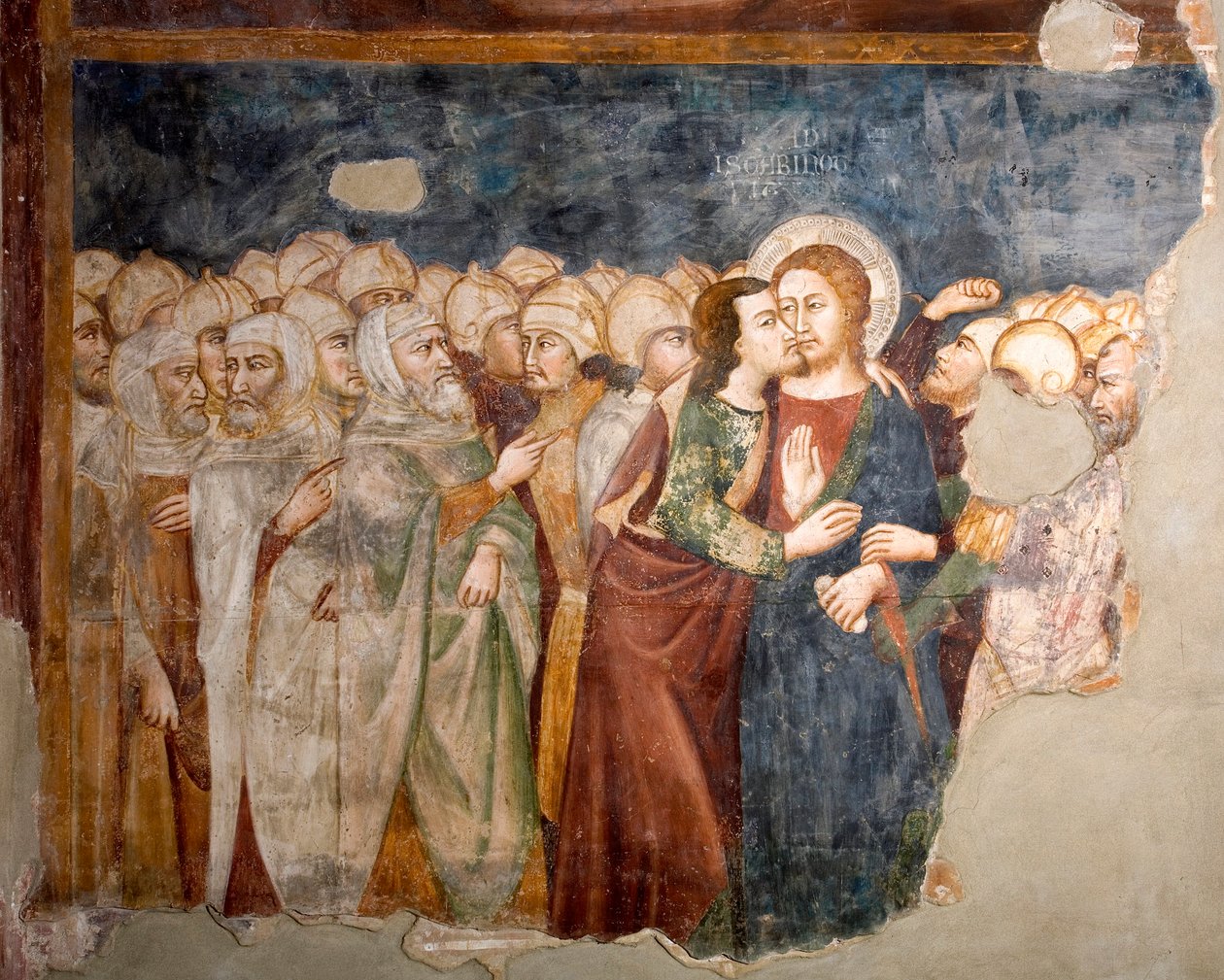 A sienai iskola Júdás Freskójának csókja. 14. század. Felsőbbrendű templom. Szent Benedetto kolostor (Sacro Speco), Subiaco (Róma), Olaszország alkotó: Sienese School