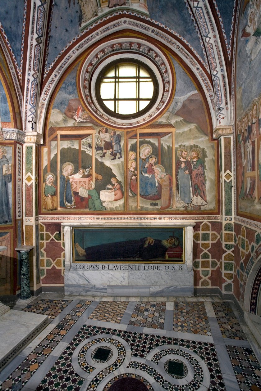 A sienai Magi Fresco Iskola születése és imádata. 14. század. Szűz kápolna. Szent Benedetto kolostor (Sacro Speco), Subiaco (Róma), Olaszország alkotó: Sienese School