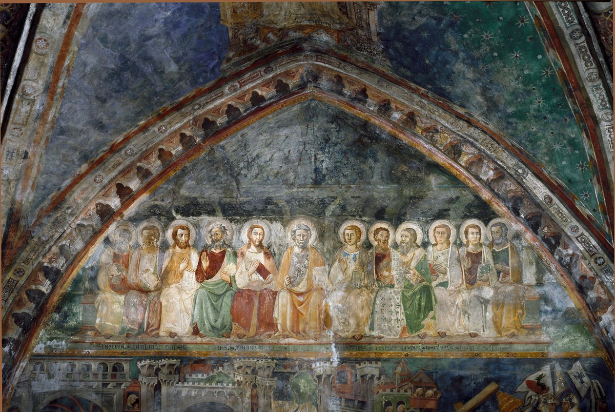 A tizenkét apotres részlet a sienai iskola freskójáról. 14. század. Szent Benedek kolostor (Sacro Speco), Superior templom Subiacoban (Róma), Olaszország alkotó: Sienese School
