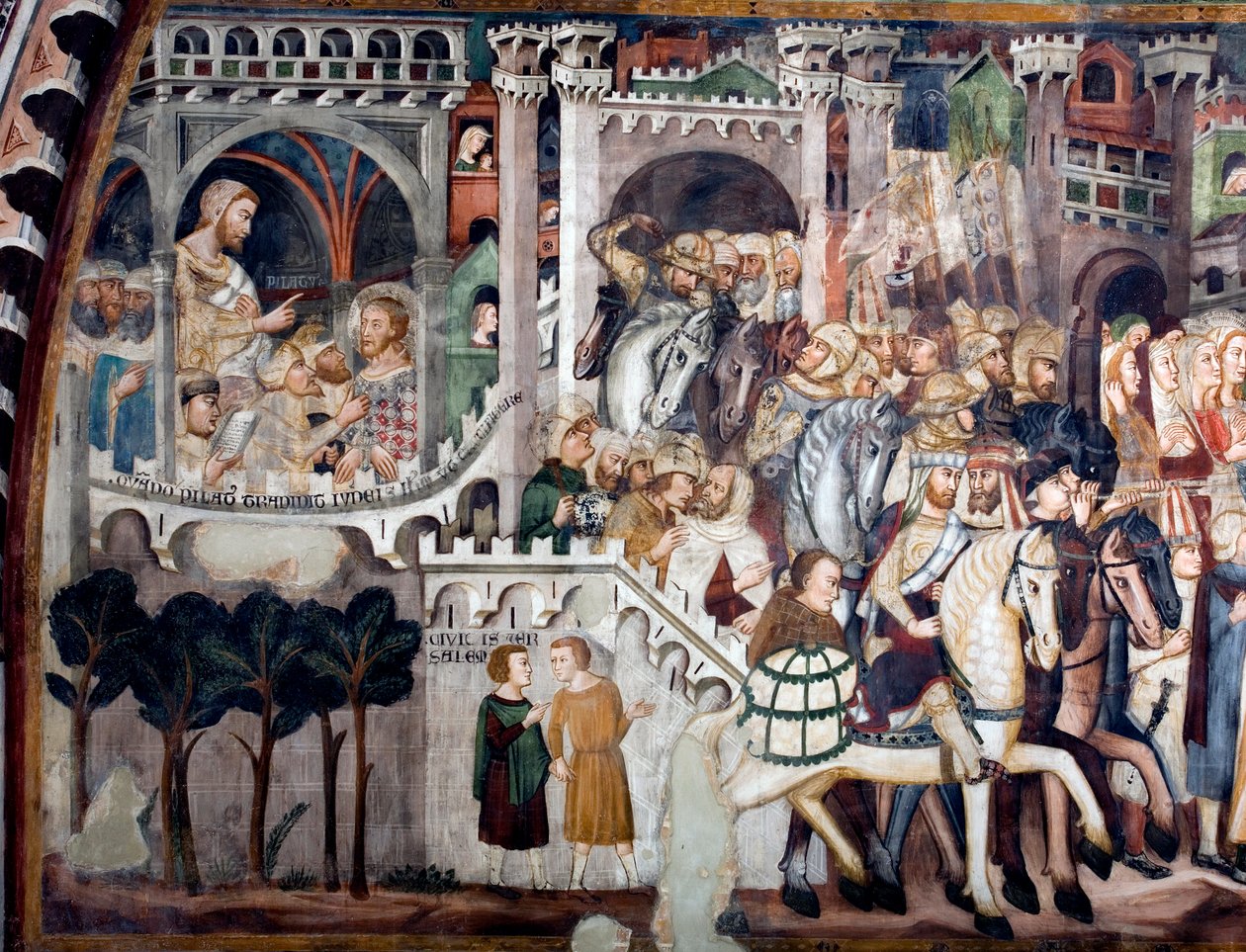 A felsőtemplomot díszítő freskó részlete, amely Montee-t ábrázol a Kálvárián: bal oldalon Jézus Poncius Pilátus előtt. A sienai iskola valósította meg a 14. század elejétől. Szent Benedetto kolostor (Sacro Speco), Su alkotó: Sienese School