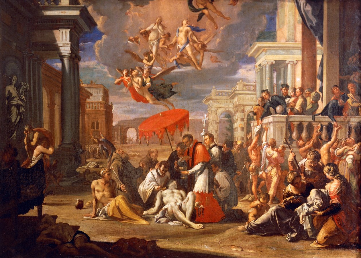 Borromero Szent Károly szentáldozást a pestis áldozatainak 1576-ban, Zsigmond Caula (1637-1713), olaj, vászon, 97x147 cm alkotó: Sigismondo Caula