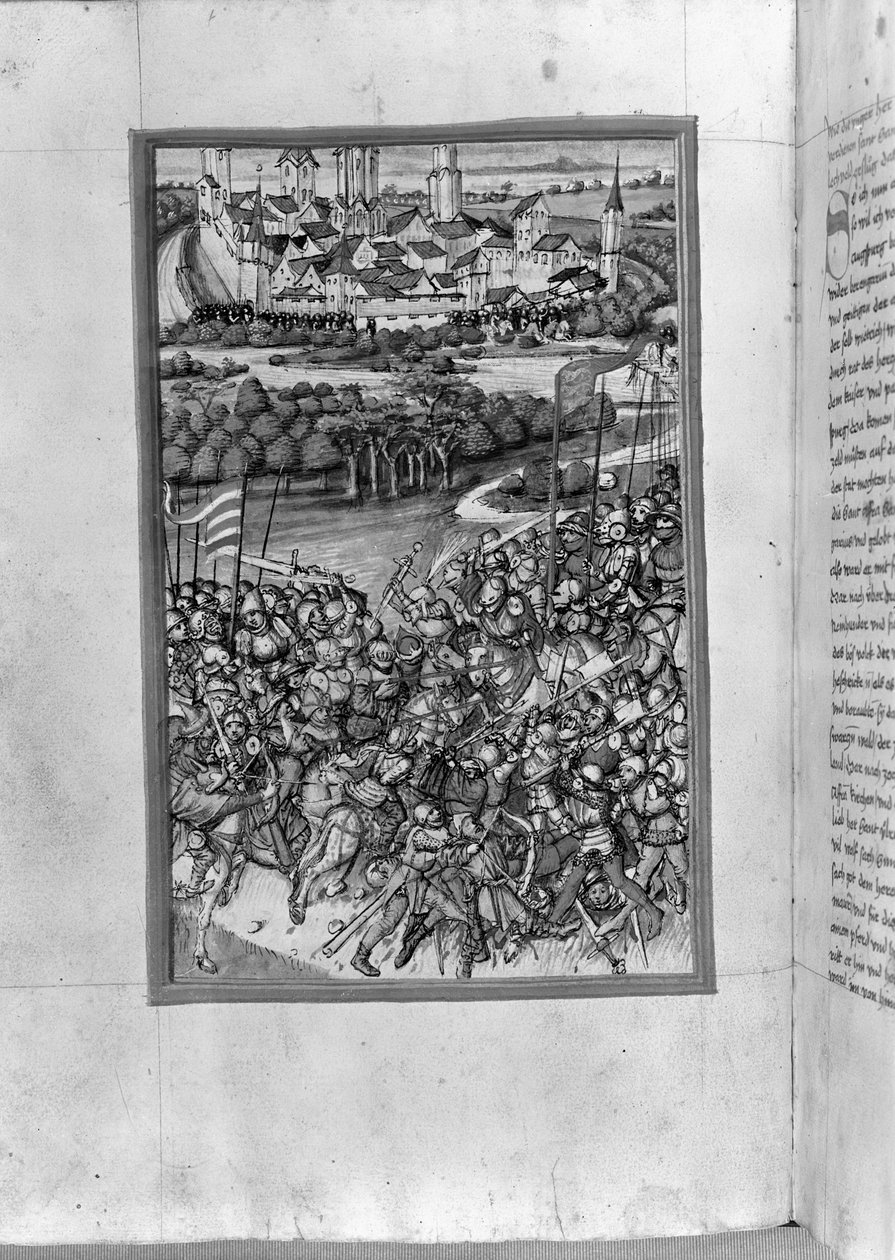 HB V 52 fol. 70v illusztráció a lechfeldi csatáról, az Augsburgi Krónikából, 1457 alkotó: Sigismund Meisterlin