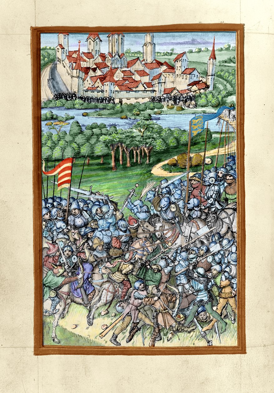 HB V 52 fol. A lechfeldi csata 70v-es illusztrációja, az Augsburgi Krónikából, 1457 (293598 színes változata) alkotó: Sigismund Meisterlin