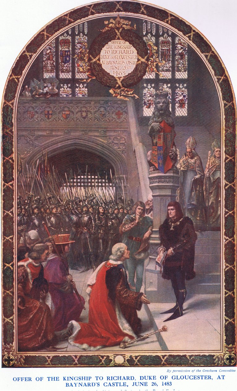 A királyság ajánlata Richard Duke of Gloucesternek a Baynards kastélyban, 1483. június 26-án, a Cassells History of the British People-ből, amelyet a Waverley Book Company Limited adott ki, 1940 körül. alkotó: Sigismund Christian Hubert Goetze